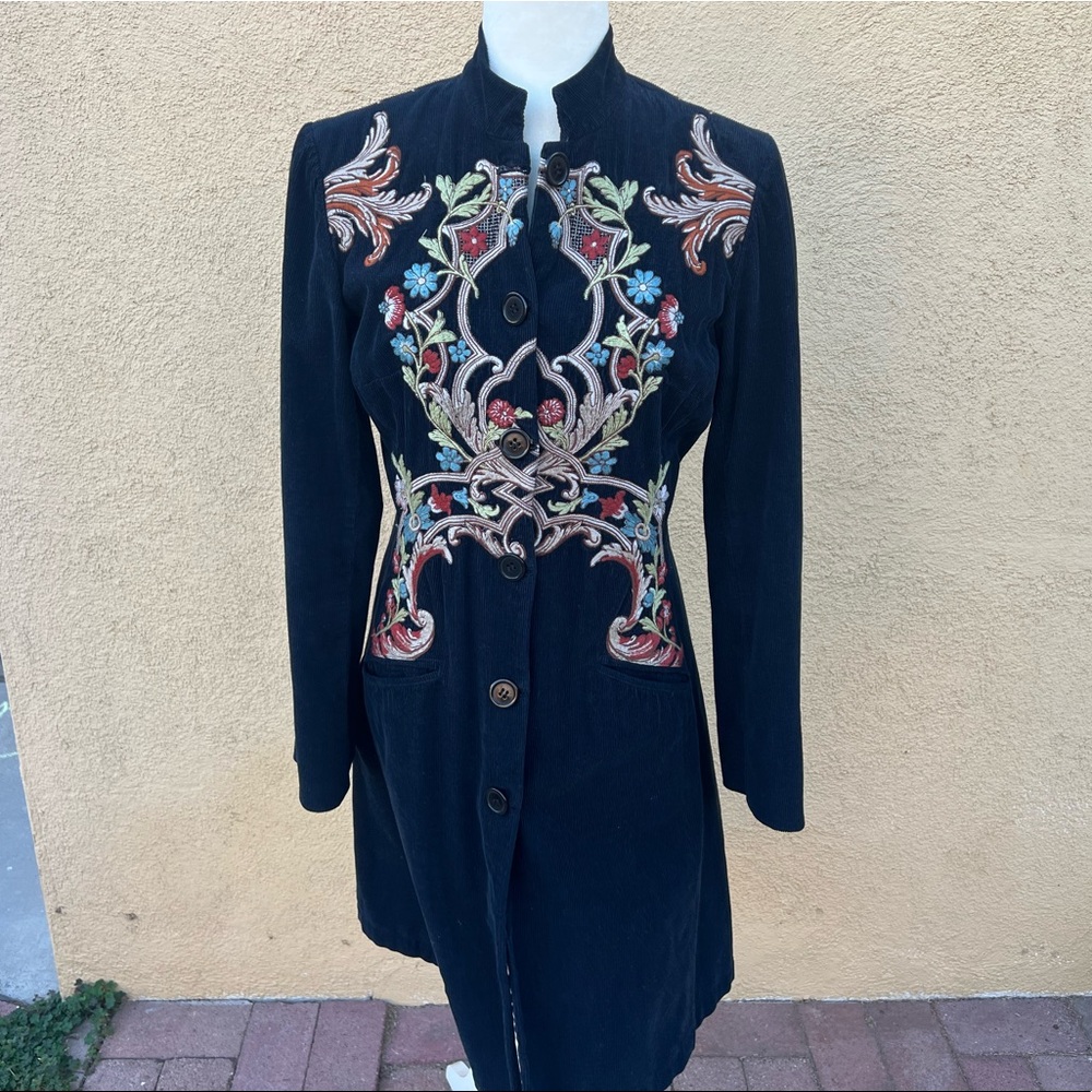 Johnny Was Corduroy Embroidered Navy Blue Long Coat  size S/M - Picture 8 of 12